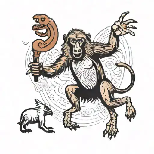 baboon dancing with an ibis around a scale with a papyrus in the hand of the baboon and a pen tattoo design idea