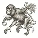 baboon dancing with an ibis around a scale with a papyrus in the hand of the baboon and a pen tattoo design idea