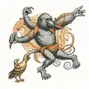 baboon dancing with an ibis around a scale with a papyrus in the hand of the baboon and a pen tattoo design idea