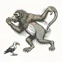 baboon dancing with an ibis around a scale with a papyrus in the hand of the baboon and a pen tattoo design idea