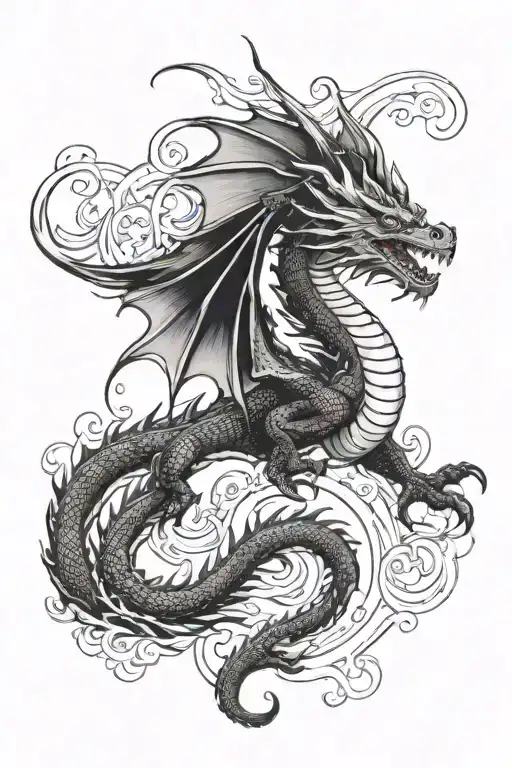 A western dragon fullbody flying upwards curved tattoo tattoo design idea