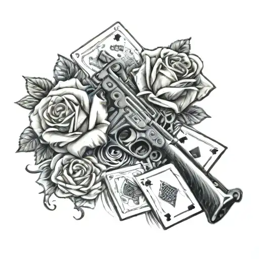 roses & Uzi (gun) & poker card  gang tattoo design idea