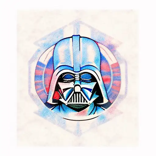 Darth Vader in the ancient Japanese style and instead of a halo he has 6 lightsabers (red blue  tattoo design idea