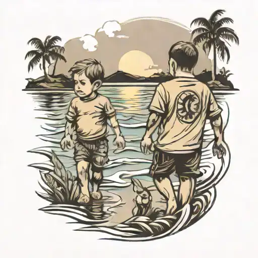 diseño de tatuaje en linea fina niño caminando con padre por un enbarcadero con reflejo en el mar mirando al horizonte tattoo design idea