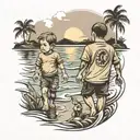 diseño de tatuaje en linea fina niño caminando con padre por un enbarcadero con reflejo en el mar mirando al horizonte tattoo design idea