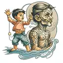 diseño de tatuaje en linea fina niño caminando con padre por un enbarcadero con reflejo en el mar mirando al horizonte tattoo design idea