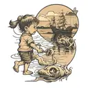 diseño de tatuaje en linea fina niño caminando con padre por un enbarcadero con reflejo en el mar mirando al horizonte tattoo design idea