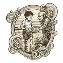 diseño de tatuaje en linea fina niño caminando con padre por un enbarcadero con reflejo en el mar mirando al horizonte tattoo design idea