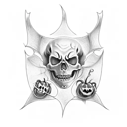 pumpkin and skeleton demons with bats tattoo design idea