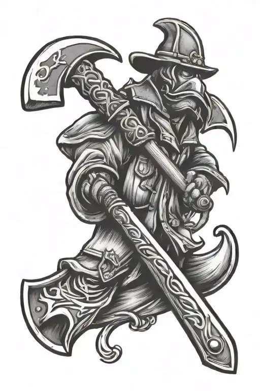 Fireman axe, british army, fishing hook intertwined tattoo design idea