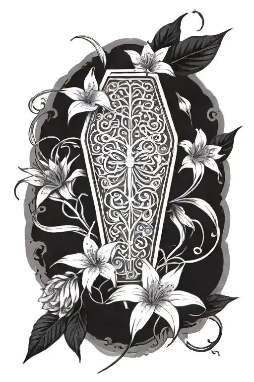 coffin with three of swords in the middle with spider lily flowers tattoo design idea