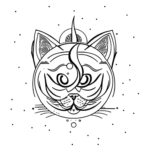 a cat, the number 7, the moon, yin yang, the psychology symbol combined into one composition tattoo design idea