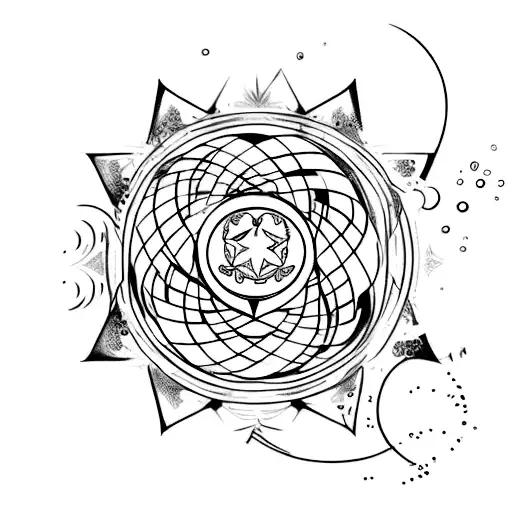 a cat, 7 stars, the psi symbol, a water Lilly, combined into one composition tattoo design idea