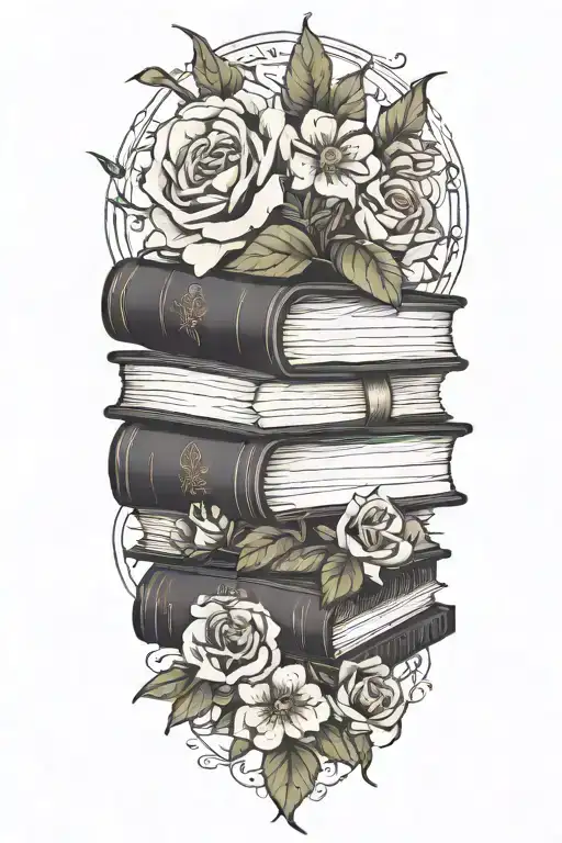 stack of books flowers, no outline tattoo design idea
