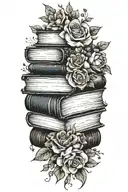 stack of books flowers, no outline tattoo design idea