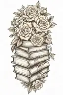 stack of books flowers, no outline tattoo design idea