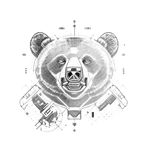 A fierce black bear standing on a blueprint of a robotic arm tattoo design idea