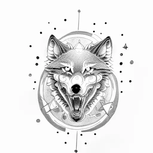 A dotwork tattoo of a robotic wolf howling at the moon tattoo design idea