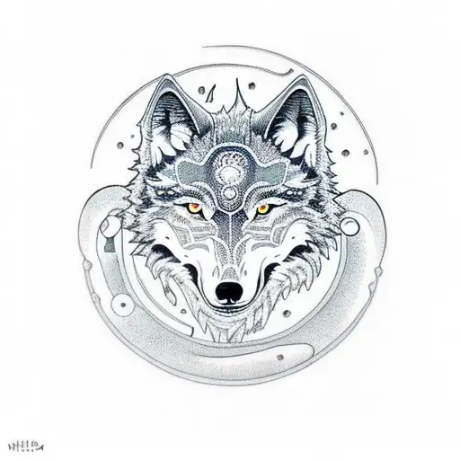 A dotwork tattoo of a robotic wolf howling at the moon tattoo design idea