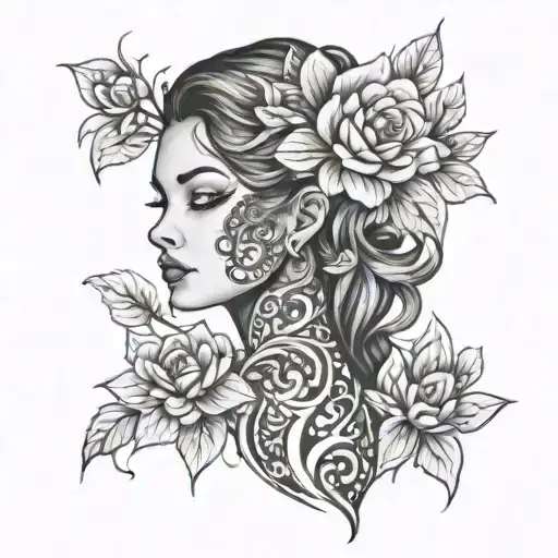 A beautiful woman with intricate floral patterns on her skin, representing luxury and art tattoo design idea