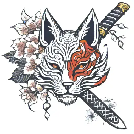 Kitsune mask with katana and cherry blossom leaves tattoo design idea