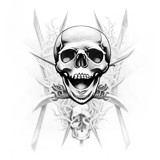 A skull with a guitar neck emerging from its mouth, surrounded by black metal album covers tattoo design idea