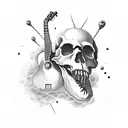 A skull with a guitar neck emerging from its mouth, surrounded by black metal album covers tattoo design idea