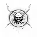 A skull with a guitar neck emerging from its mouth, surrounded by black metal album covers tattoo design idea