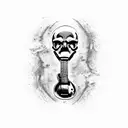 A skull with a guitar neck emerging from its mouth, surrounded by black metal album covers tattoo design idea