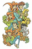 scooby doo full sleeve tattoo featuring elements of original monsters and villains. mystery inc characters hex girls tattoo design idea