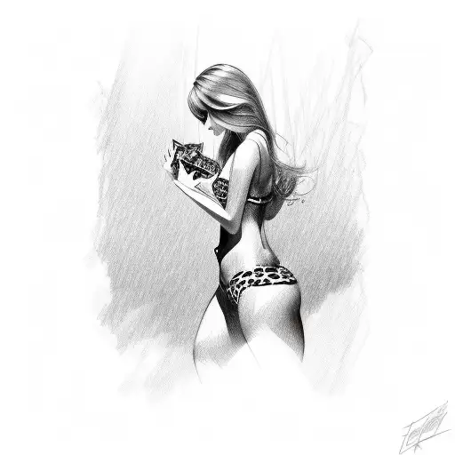 pin up, female, red hair, leopard print bikini, blue eyes tattoo design idea