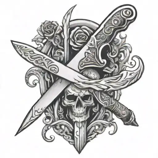 kitchen knife with corpses on the blade without background tattoo design idea