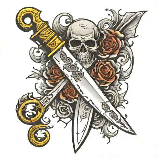 kitchen knife in a loop with corpses on the blade tattoo design idea