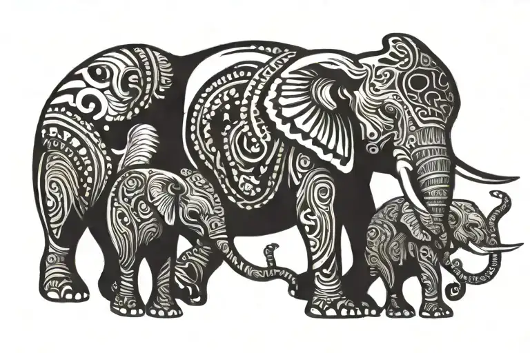 mama elephant and baby elephants walking tattoo design idea