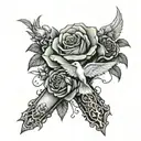 roses at the bottom forearm half sleeve with praying hands and rosery and a dove and cross above  tattoo design idea