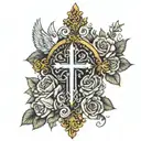 roses at the bottom forearm half sleeve with praying hands and rosery and a dove and cross above  tattoo design idea