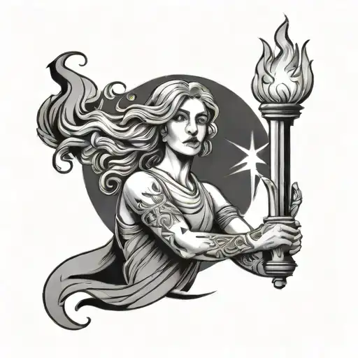 An elegant female figure holding a torch of light, representing sobriety and strength tattoo design idea