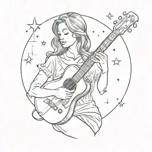 A sketch tattoo of a mother holding a guitar with the Gemini constellation in the background tattoo design idea