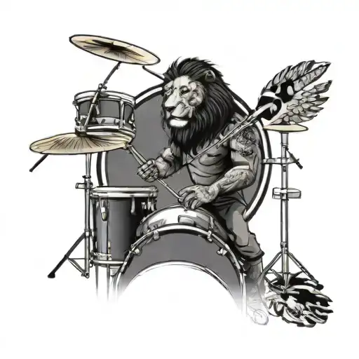 A soldier playing a drum set with a lion's face painted on the drums, incorporating military and music themes tattoo design idea