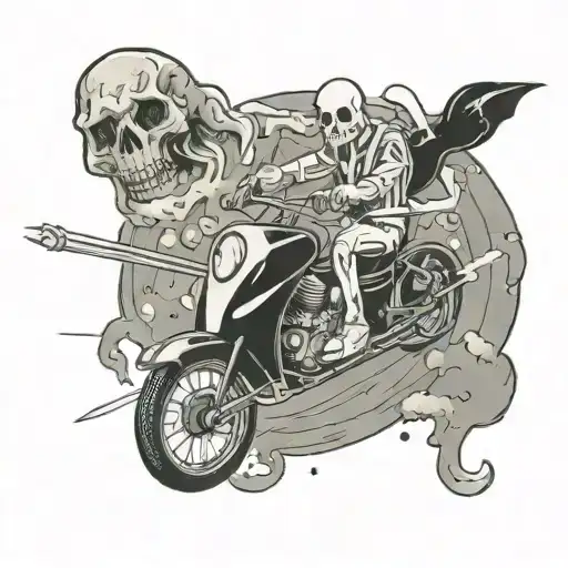 Draw me an image of a ghost driving a meat coated skeleton made from stardust riding a rock hurling through space  tattoo design idea