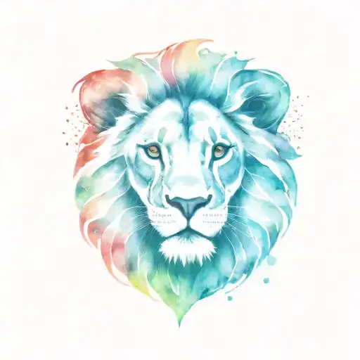circle form, right side lion head, left side bull head, background colourful galsxy tattoo design idea