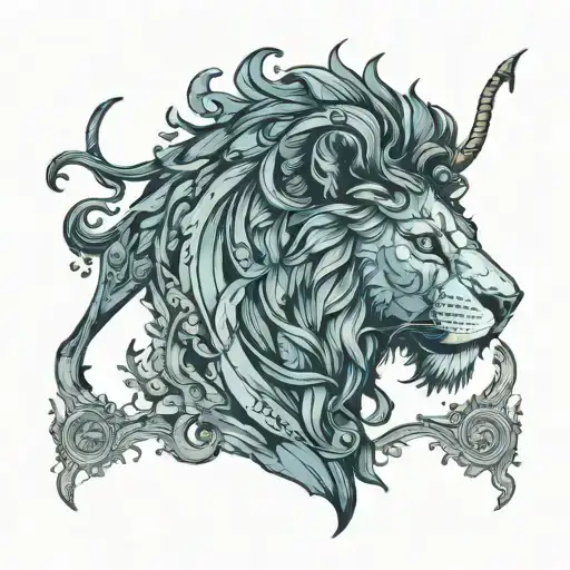 circle shape, right side lion head and the left side bull head, background will be a colorful galsxy tattoo design idea