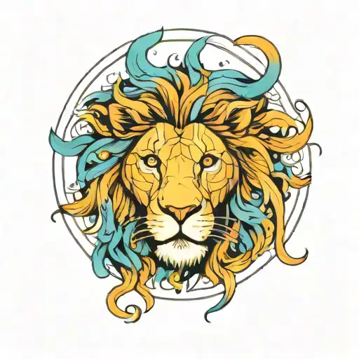 circle form, right side lion head, left side bull head, background colourful galsxy tattoo design idea