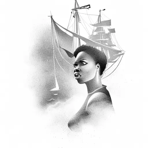 A ship sailing through a sea of emotions, with a silhouette of a black woman standing at the helm tattoo design idea