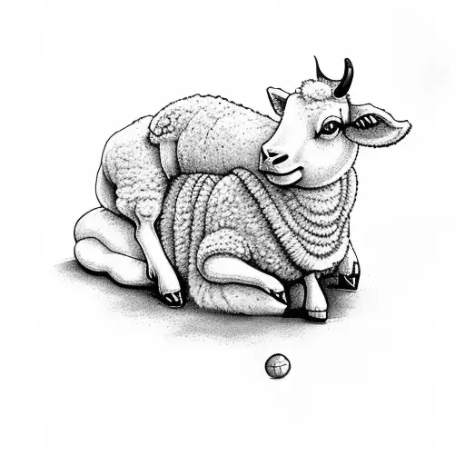 curvy woman kneeling over a lamb, she is wearing a long sleeve crop top and shorts, a cow sleeps behind her.  tattoo design idea