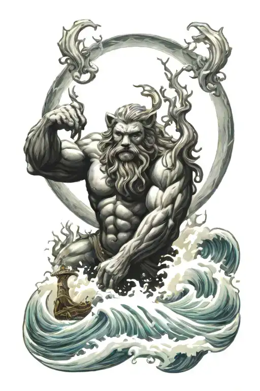 Poseidon with ocean, waves and sky with lightning. In front, a bear cub or two as if Poseidon was protecting them. tattoo design idea
