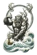Poseidon with ocean, waves and sky with lightning. In front, a bear cub or two as if Poseidon was protecting them. tattoo design idea