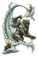 Poseidon with ocean, waves and sky with lightning. In front, a bear cub or two as if Poseidon was protecting them. tattoo design idea