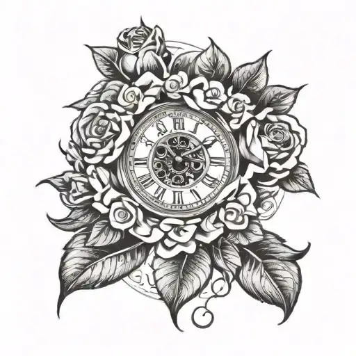 clock, rose and calendar page tattoo design idea