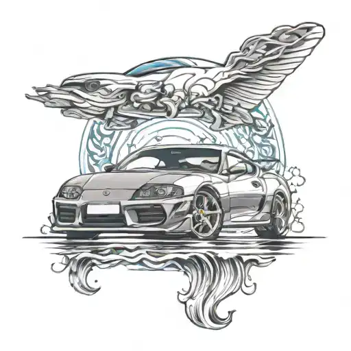 Toyota supra MK4 driving next to the sea like and Aquarius tattoo design idea